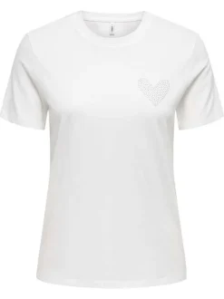 T-shirt en coton biologique blanc uni avec des strass et un col rond