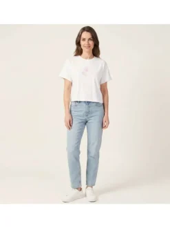 T-shirt en coton biologique blanc uni pourvu de broderies coquillages