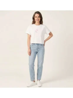 T-shirt en coton biologique blanc uni pourvu de broderies coquillages