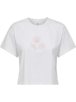 T-shirt en coton biologique blanc uni pourvu de broderies coquillages