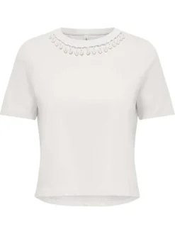 T-shirt en coton biologique blanc uni pourvu de coquillages le long du col