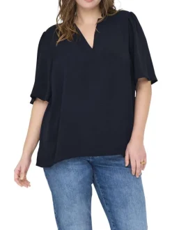 T-shirt en coton biologique bleu foncé coupe ajustée pourvu d'un col v
