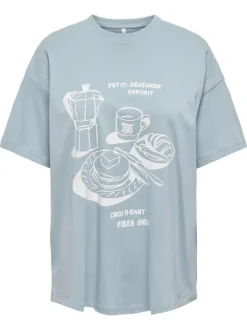 T-shirt en coton biologique bleu imprimé avec une coupe droite à col rond