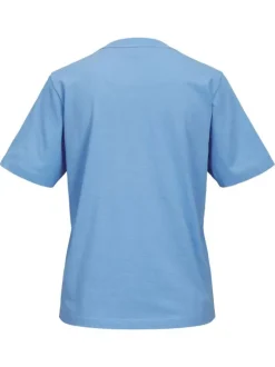 T-shirt en coton biologique bleu uni avec un col rond et le nom de la marque