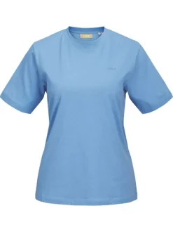 T-shirt en coton biologique bleu uni avec un col rond et le nom de la marque