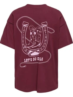 T-shirt en coton biologique bordeaux imprimé avec une coupe droite