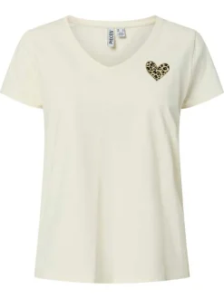 T-shirt en coton biologique écru à coupe droite pourvu d'un col v