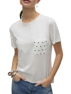 T-shirt en coton biologique écru uni avec un col rond et une poche à pois