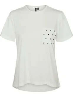 T-shirt en coton biologique écru uni avec un col rond et une poche à pois