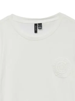T-shirt en coton biologique écru uni à coupe droite, col rond et dentelle