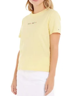 T-shirt en coton biologique jaune uni avec nom de la marque multicolore
