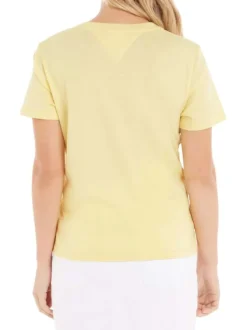 T-shirt en coton biologique jaune uni avec nom de la marque multicolore