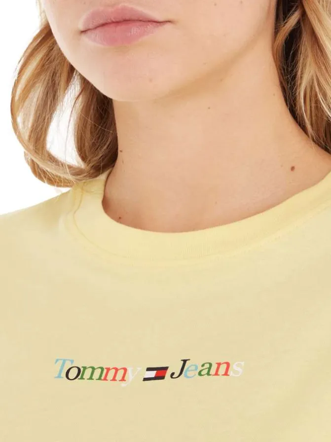 T-shirt en coton biologique jaune uni avec nom de la marque multicolore