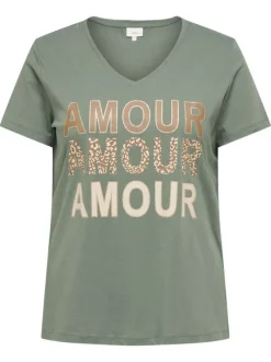 T-shirt en coton biologique kaki avec un imprimé et une coupe ajustée