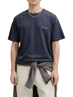 T-shirt en coton biologique marine imprimé à coupe droite pourvu d'un col rond