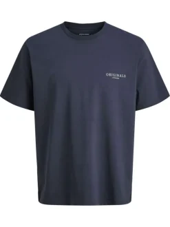 T-shirt en coton biologique marine imprimé à coupe droite pourvu d'un col rond