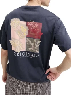 T-shirt en coton biologique marine imprimé à coupe droite pourvu d'un col rond
