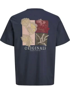 T-shirt en coton biologique marine imprimé à coupe droite pourvu d'un col rond