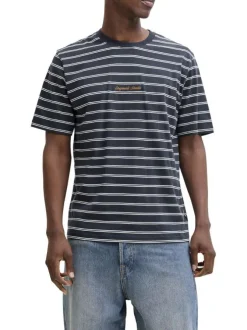 T-shirt en coton biologique marine à rayures pourvu d'un col rond
