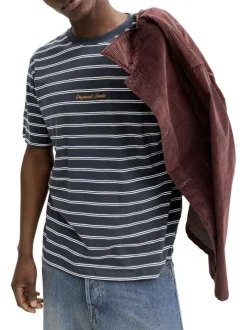 T-shirt en coton biologique marine à rayures pourvu d'un col rond