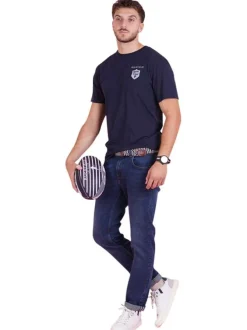 T-shirt en coton biologique marine uni avec une coupe droite et un col rond