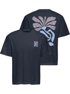 T-shirt en coton biologique marine uni pourvu d'un imprimé fleur