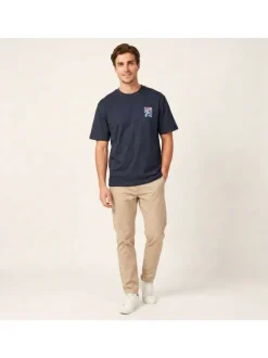 T-shirt en coton biologique marine uni pourvu d'un imprimé fleur