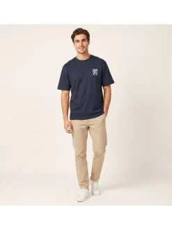 T-shirt en coton biologique marine uni pourvu d'un imprimé fleur
