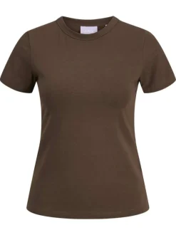 T-shirt en coton biologique marron uni à coupe droite et col rond en bord-côte