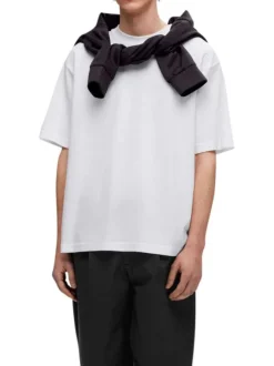 T-shirt en coton biologique mélangé blanc uni à coupe droite et col rond