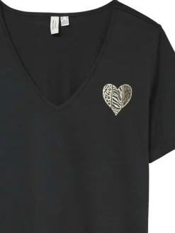 T-shirt en coton biologique noir avec un coeur doré imprimé sur la poitrine