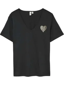 T-shirt en coton biologique noir avec un coeur doré imprimé sur la poitrine