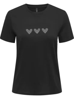 T-shirt en coton biologique noir uni avec des strass et un col rond