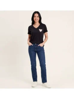 T-shirt en coton biologique noir uni pourvu d'un coeur imprimé sur la poitrine