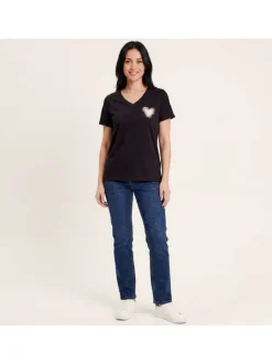 T-shirt en coton biologique noir uni pourvu d'un coeur imprimé sur la poitrine