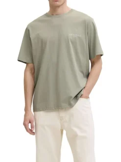 T-shirt en coton biologique olive imprimé à coupe droite pourvu d'un col rond