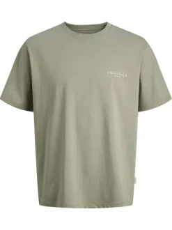 T-shirt en coton biologique olive imprimé à coupe droite pourvu d'un col rond