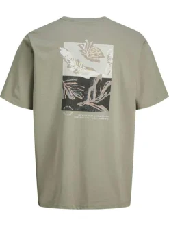 T-shirt en coton biologique olive imprimé à coupe droite pourvu d'un col rond