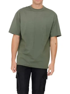 T-shirt en coton biologique olive uni à coupe droite et col rond