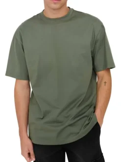 T-shirt en coton biologique olive uni à coupe droite et col rond