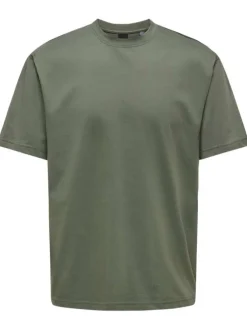 T-shirt en coton biologique olive uni à coupe droite et col rond