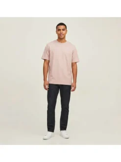 T-shirt en coton biologique rose imprimé à coupe droite pourvu d'un col rond
