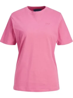 T-shirt en coton biologique rose uni avec un col rond et le nom de la marque
