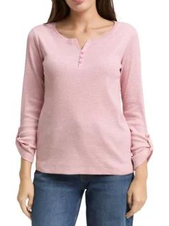 T-shirt en coton biologique rose uni avec une coupe ajustée et un col tunisien