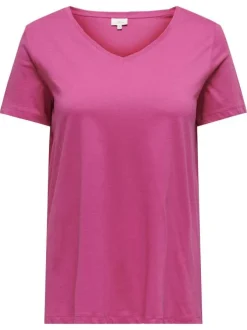 T-shirt en coton biologique rose uni coupe droite avec un col v