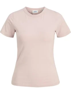 T-shirt en coton biologique rose uni à coupe droite et col rond en bord-côte