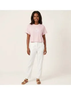 T-shirt en coton biologique rose uni pourvu de broderies coquillages