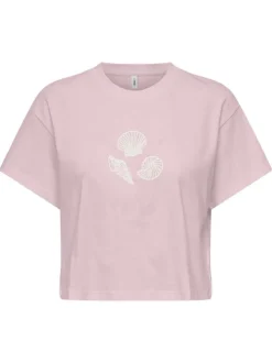 T-shirt en coton biologique rose uni pourvu de broderies coquillages