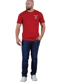 T-shirt en coton biologique rouge imprimé avec une coupe droite et un col rond