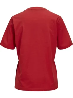 T-shirt en coton biologique rouge uni avec un col rond et le nom de la marque